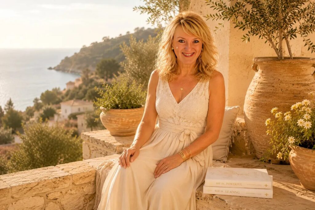 Alexandra Gold seated on a sun-drenched Mediterranean terrace in ivory linen, gold jewellery on her wrists, her poetry books She Is Powerful and She Is Leading resting beside her