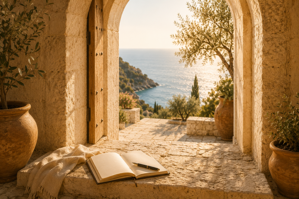 Mediterranean archway and terrace bathed in golden afternoon light with an open book resting on warm stone, the sunlit sea visible beyond