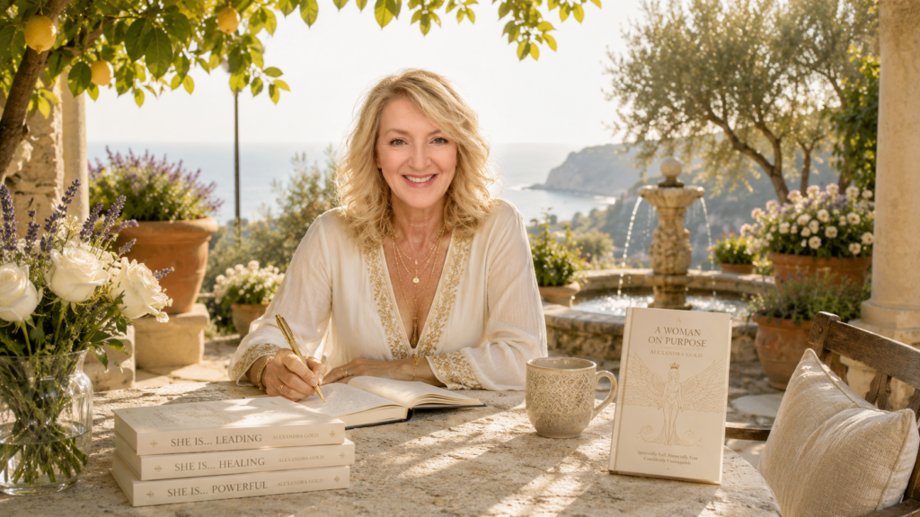 Alexandra Gold at a coastal terrace, looking directly at the camera beside her A Woman On Purpose book — founder of A Woman On Purpose