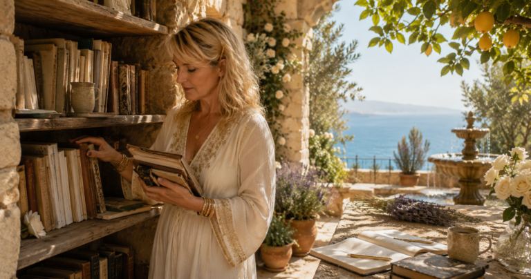 A woman choosing books from the AWOP Library.
